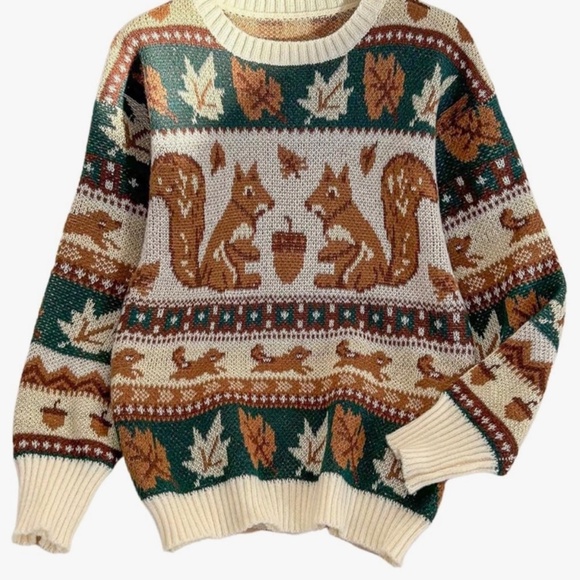 Squirrel Nut Harvest Sweater   cozy with this charming brown and cream sweater f - Picture 2 of 2